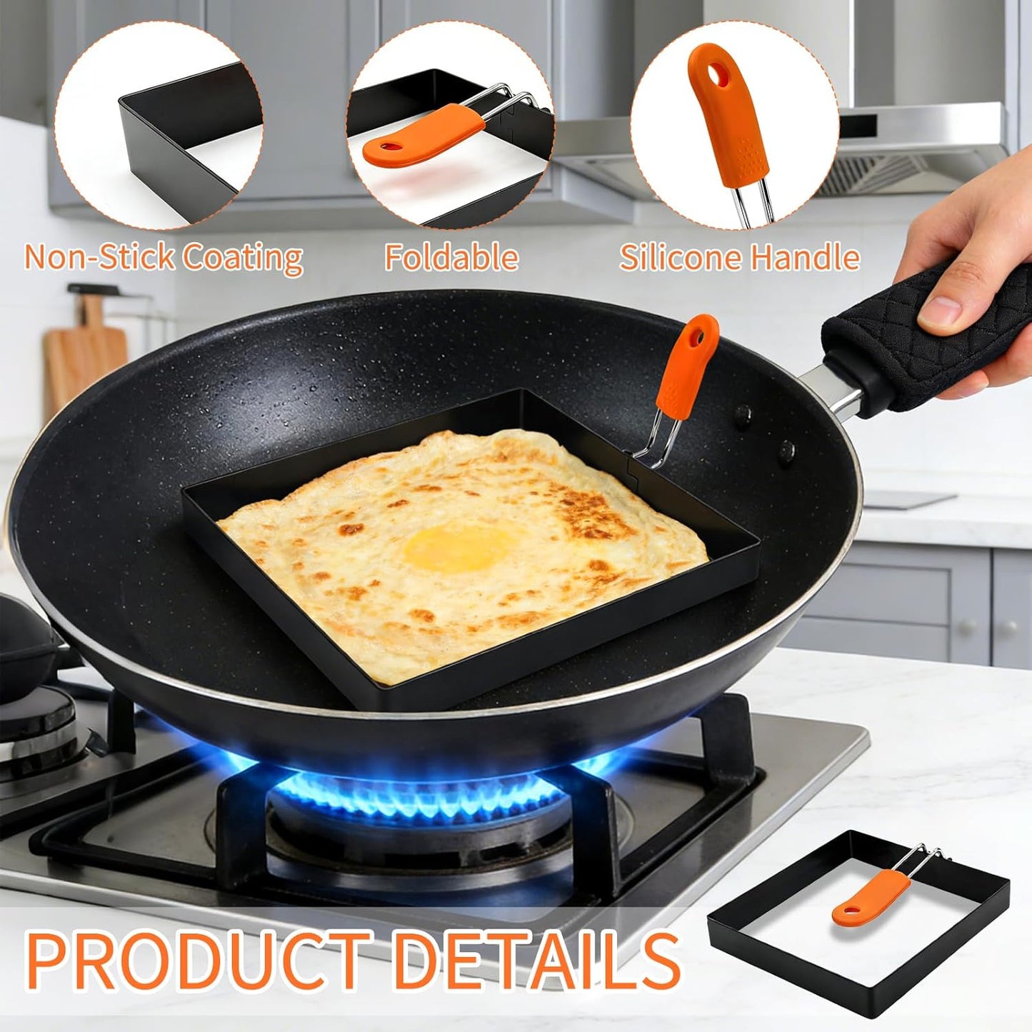 Juego de 4 anillos cuadrados para huevos de acero inoxidable con mango de silicona naranja