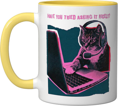 Taza Cerámica Soporte Técnico Gato Amarillo/Blanco