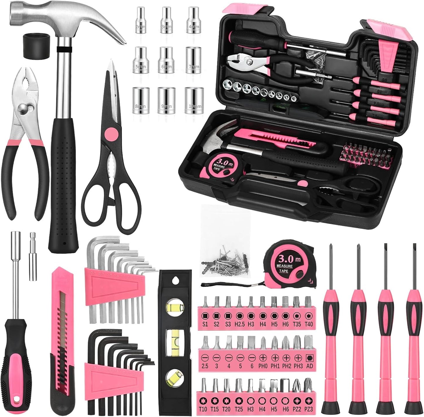Kit 144 Pzas herramientas básicas reparación hogar color rosa