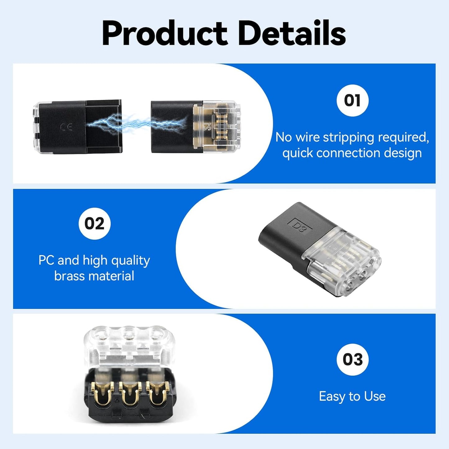 Conectores LED enchufables 3 pines para cables 20-22 AWG