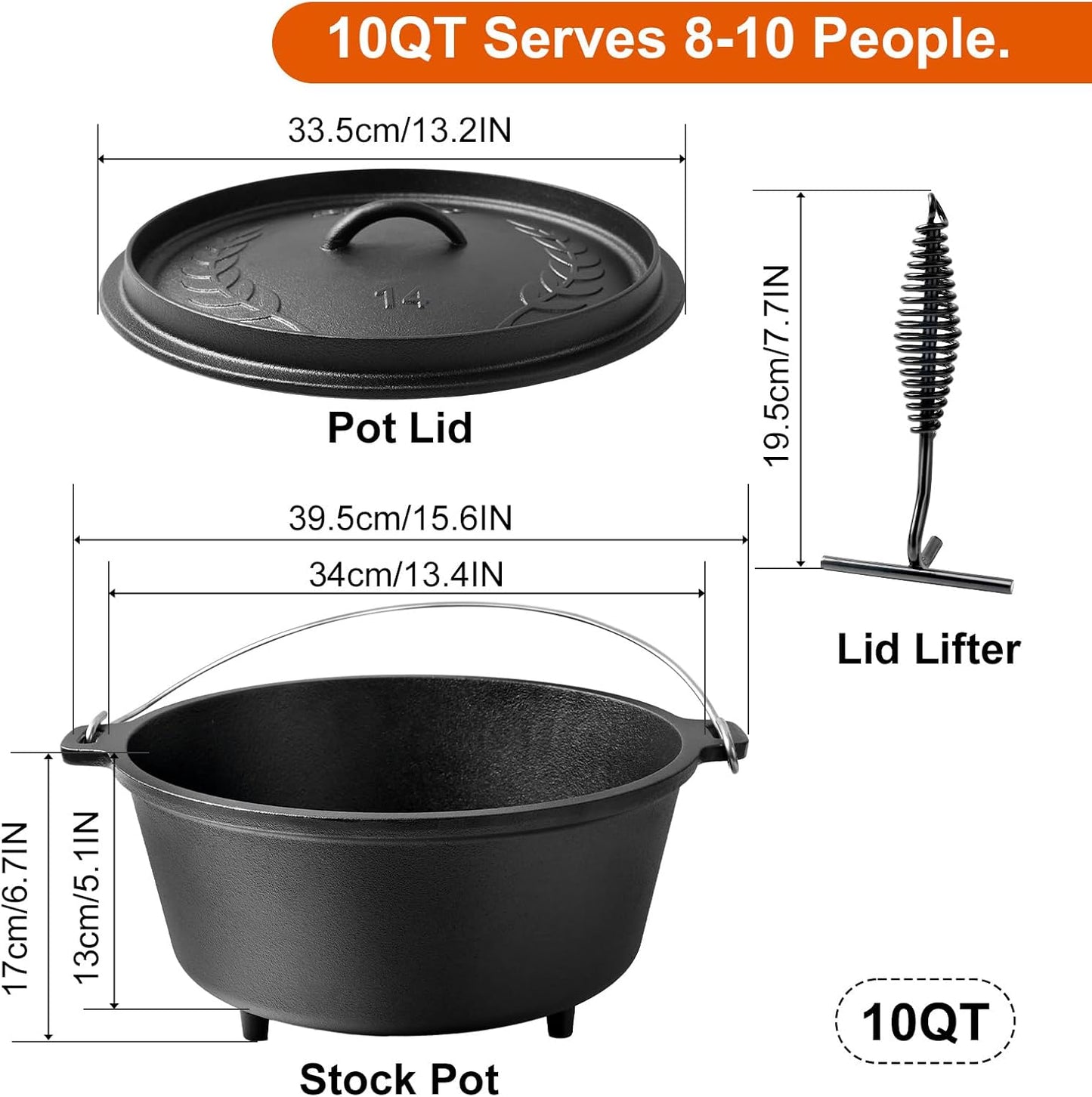 Horno Holandés Hierro Fundido 10qt Tapa Soporte Trípode Asas Dobles