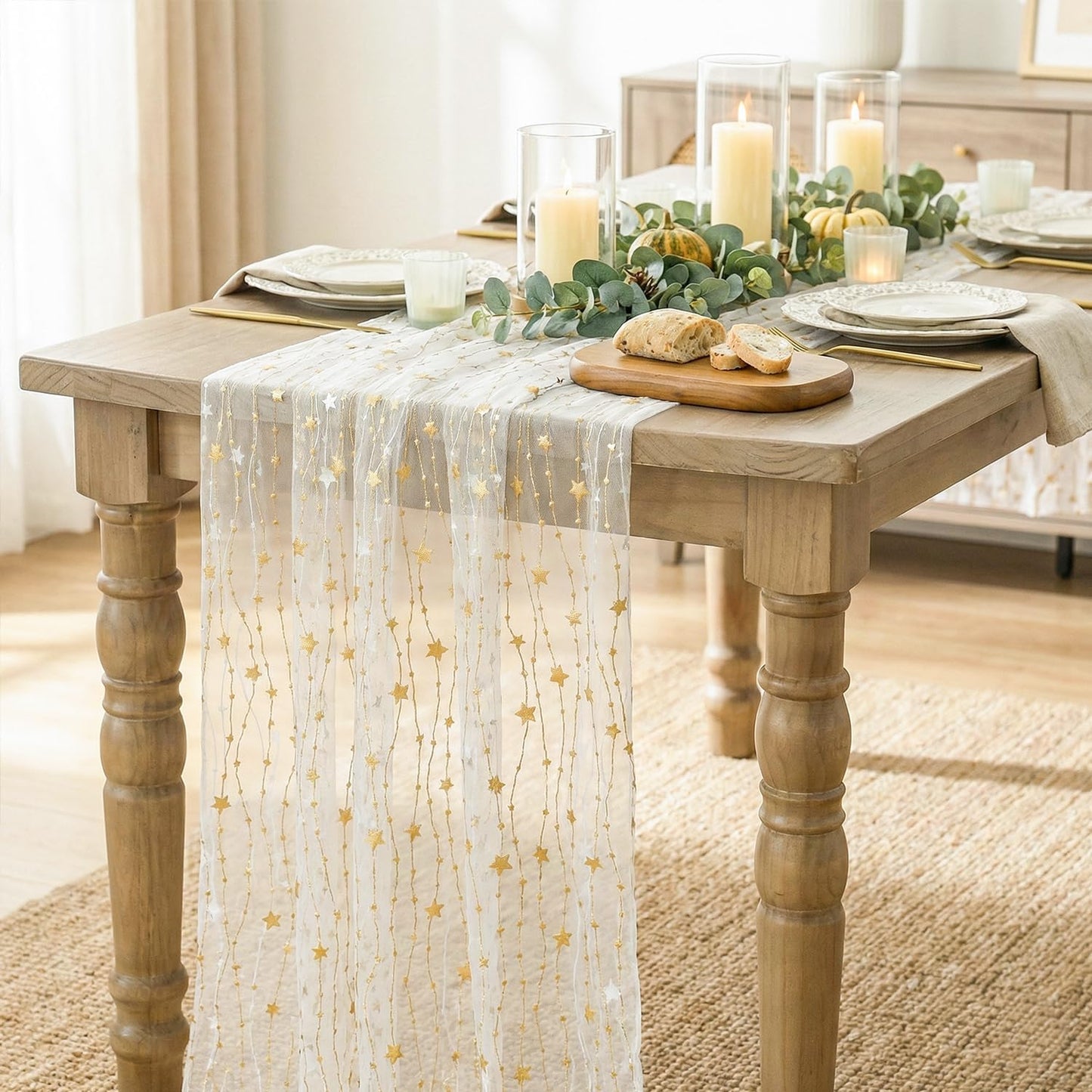 Camino de mesa de gasa beige con estrellas 10 pies purpurina transparente
