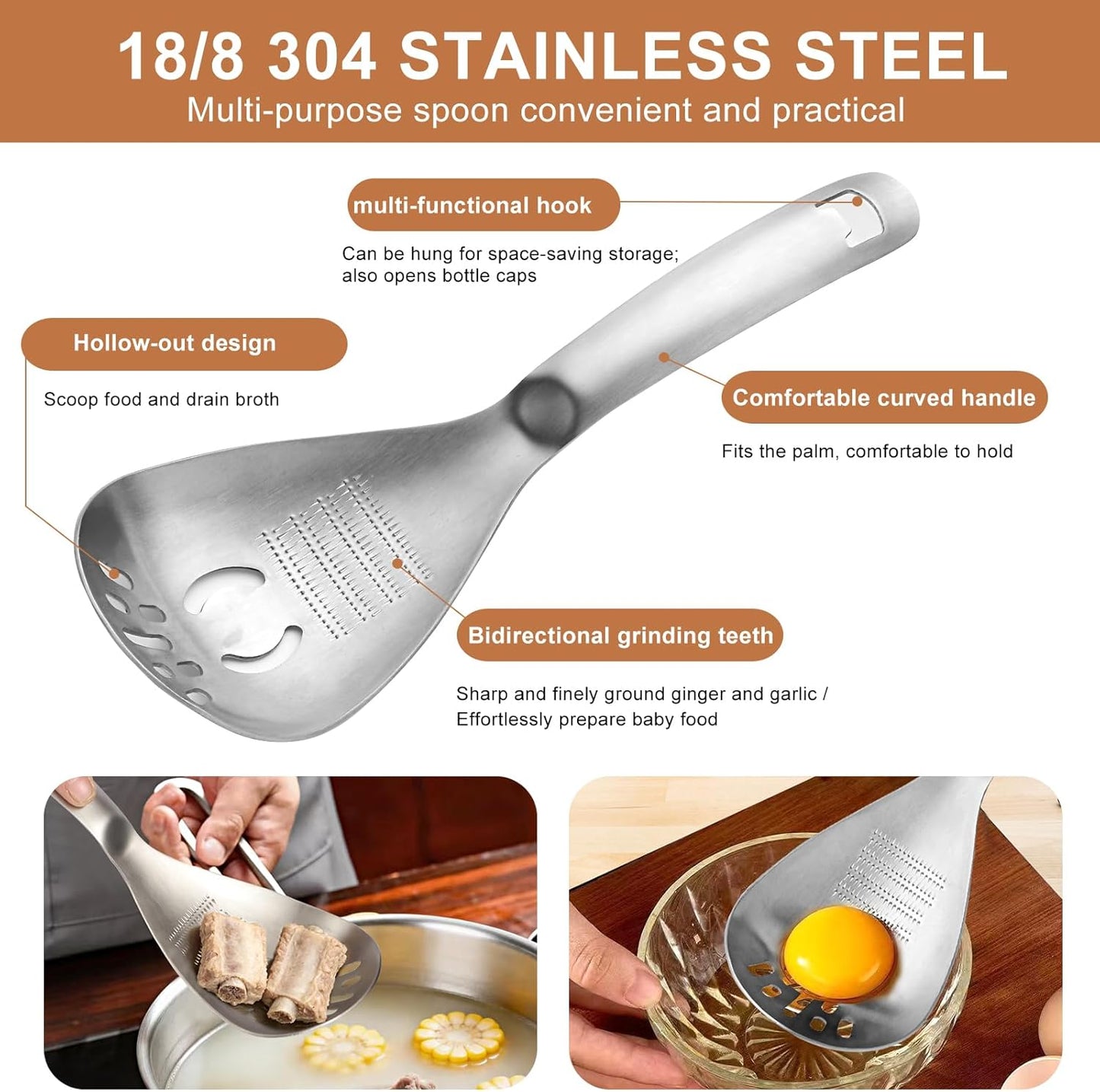 Cuchara 5en1 acero inox para separar huevos y triturar