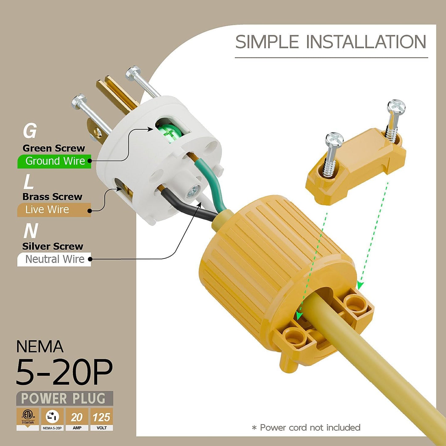 Enchufe Nema 5-20P 20A/125V ETL grado industrial