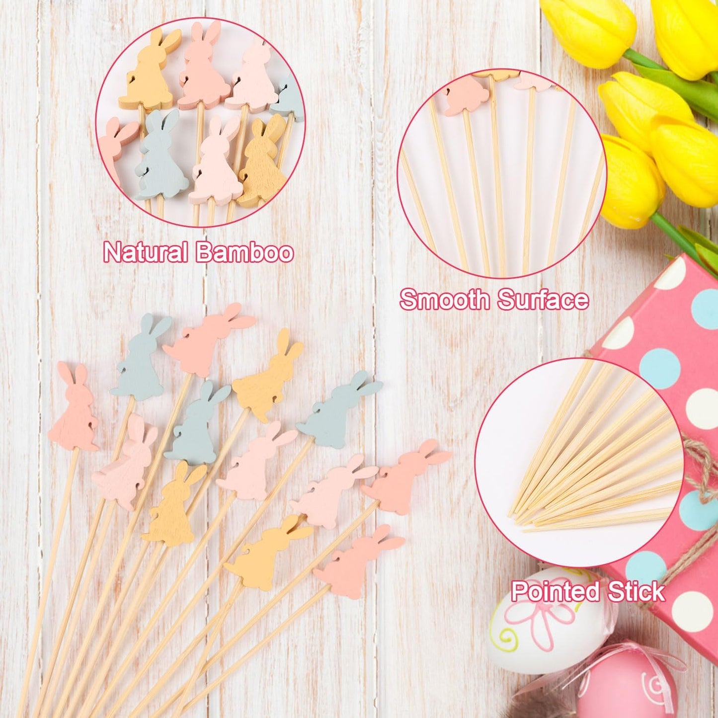 Palillos de cóctel de Pascua de bambú natural para aperitivos y decoración