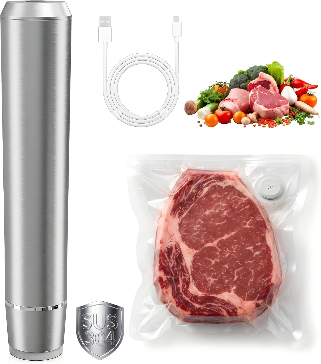 Sellador al vacío acero inox 304 con 10 bolsas reutilizables
