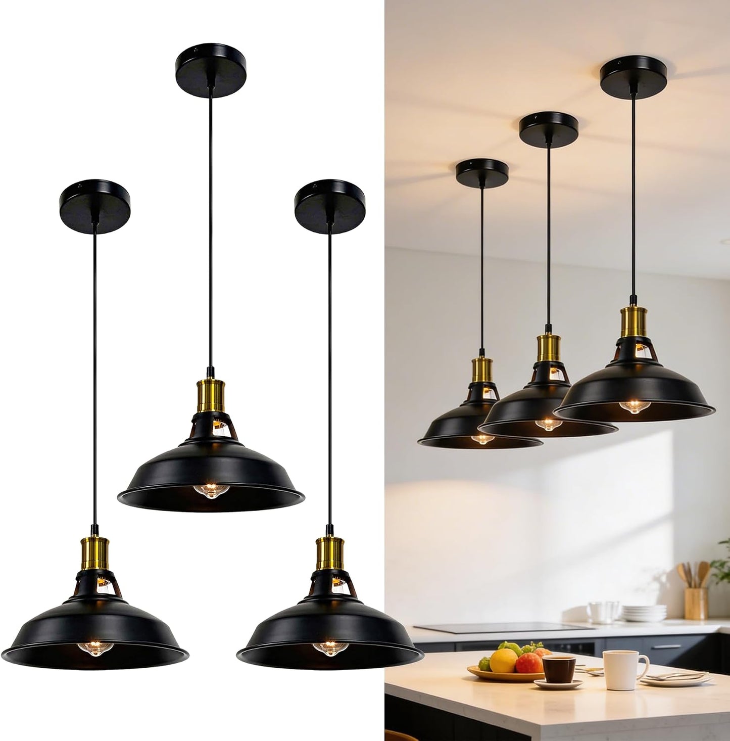 Lámpara colgante 3 luces industrial E26 negro dorado