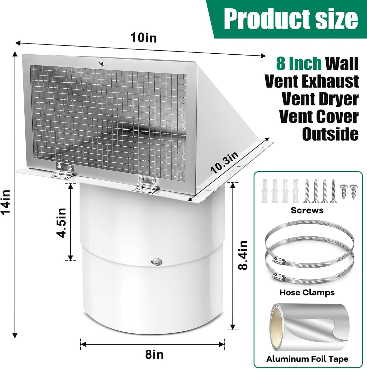 Cubierta ventilación pared 8pulg conducto secadora blanco