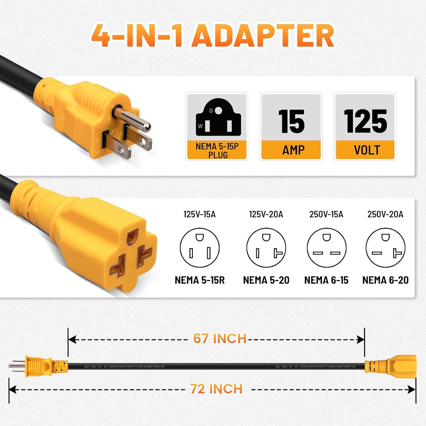 Cable adaptador CA impermeable 6ft 15-20A NEMA