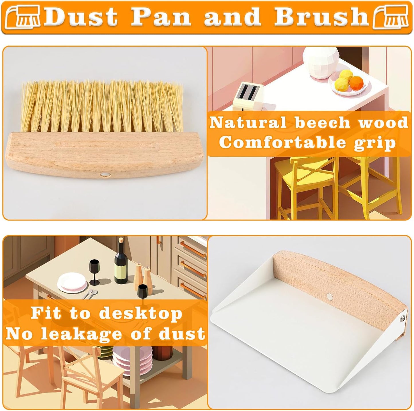 Juego escoba recogedor mini madera escritorio sofá mascotas blanco