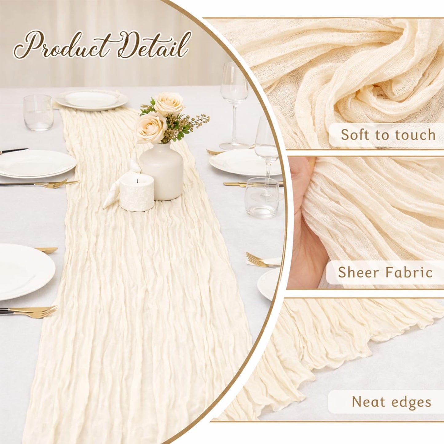 Paquete de 10 caminos de mesa de gasa beige y transparente para bodas y eventos