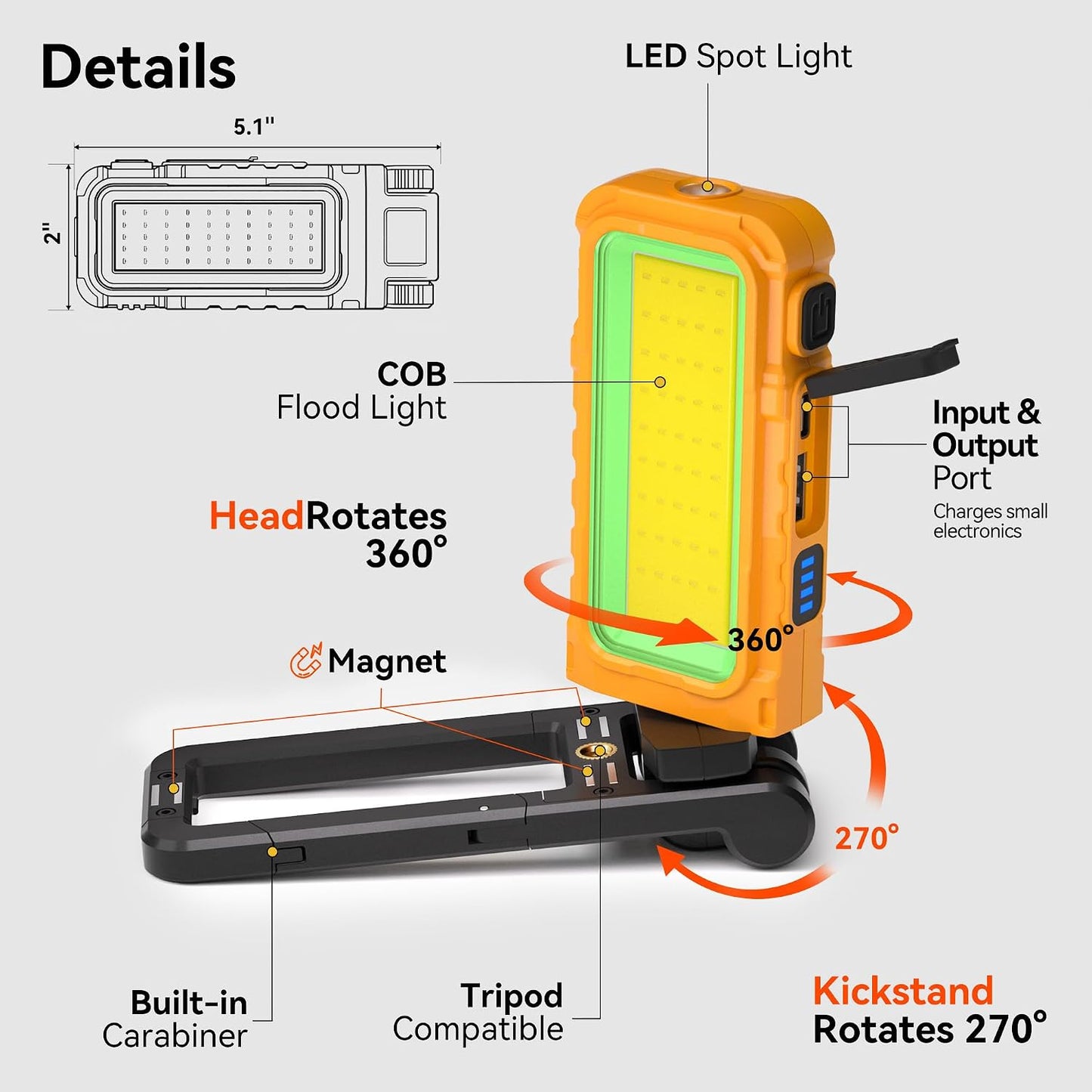 2 Luces LED Recargables con Soporte Giratorio Magnético 1/4pulg