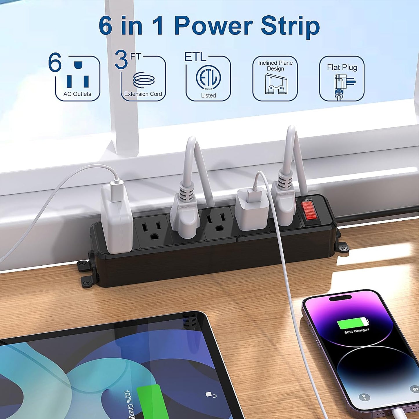 Regleta pared 6 salidas con interruptor 3pies