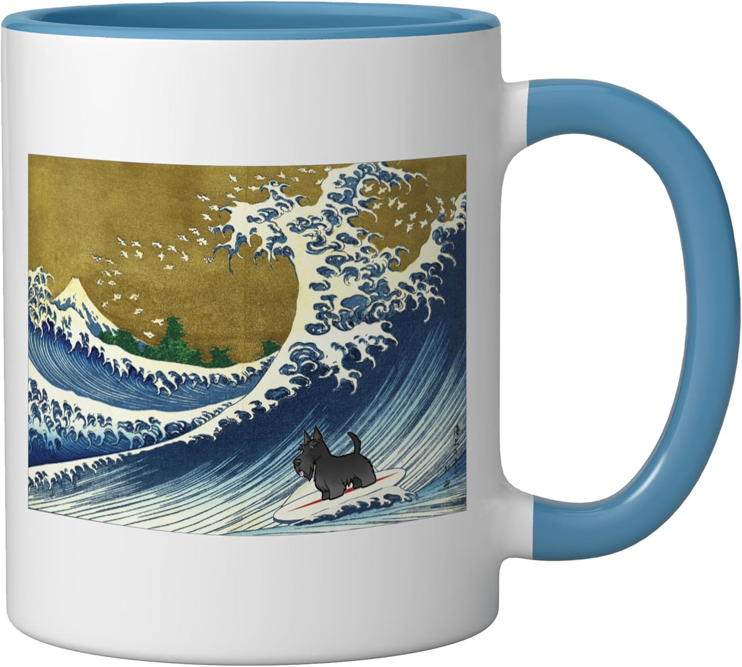 Taza cerámica para hombre mujer niño amante del terrier escocés surfista azul/blanco