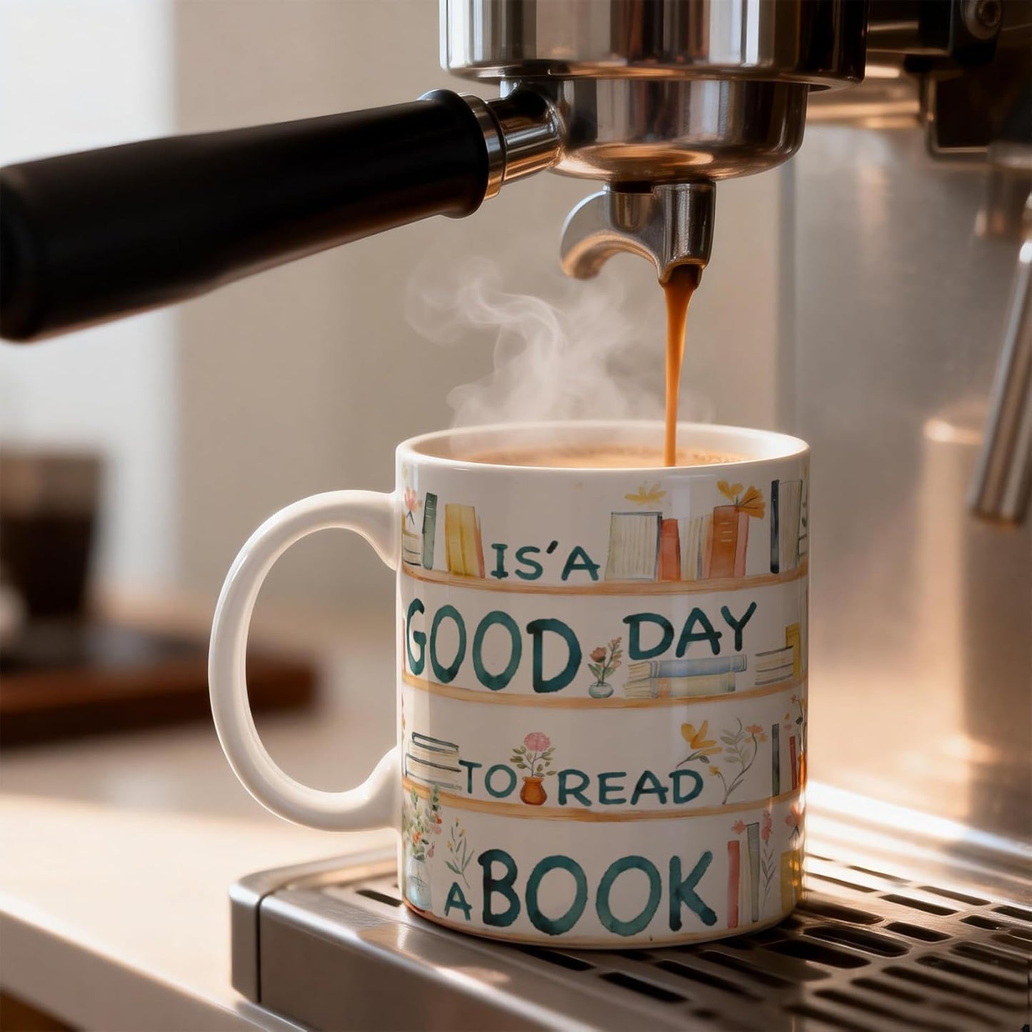 Taza con texto "It's a Good Day to Read a Book" para amantes de los libros