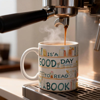 Taza con texto "It's a Good Day to Read a Book" para amantes de los libros