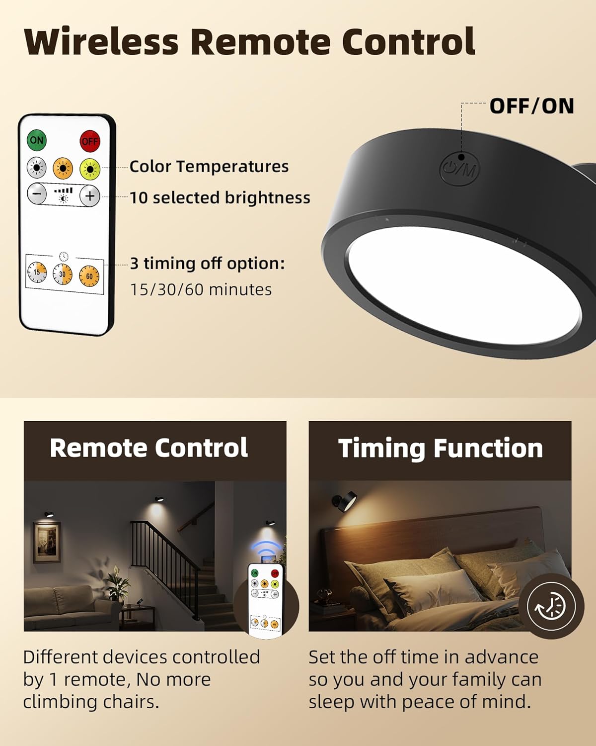 Lámpara LED pared recargable 360° con control remoto