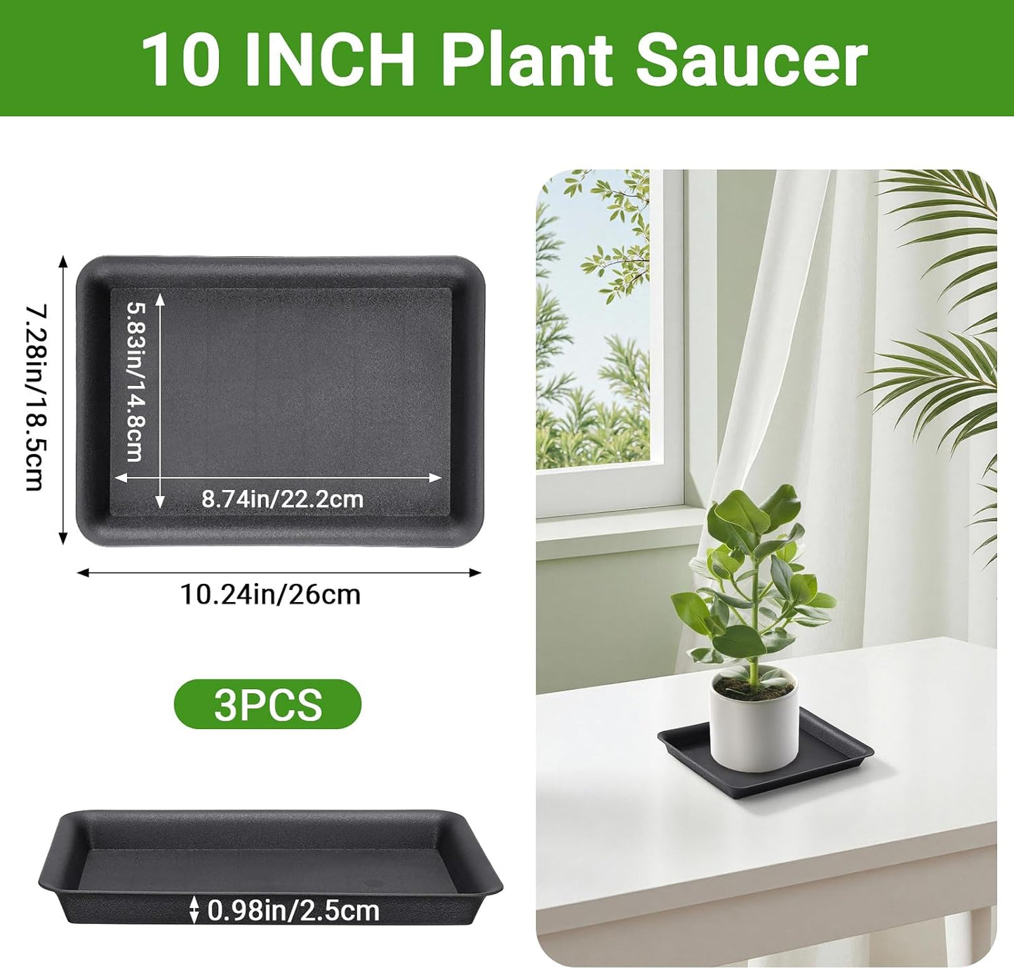 Bandeja plástico plantas 10pulg rectangular negro resistente 3 pzas