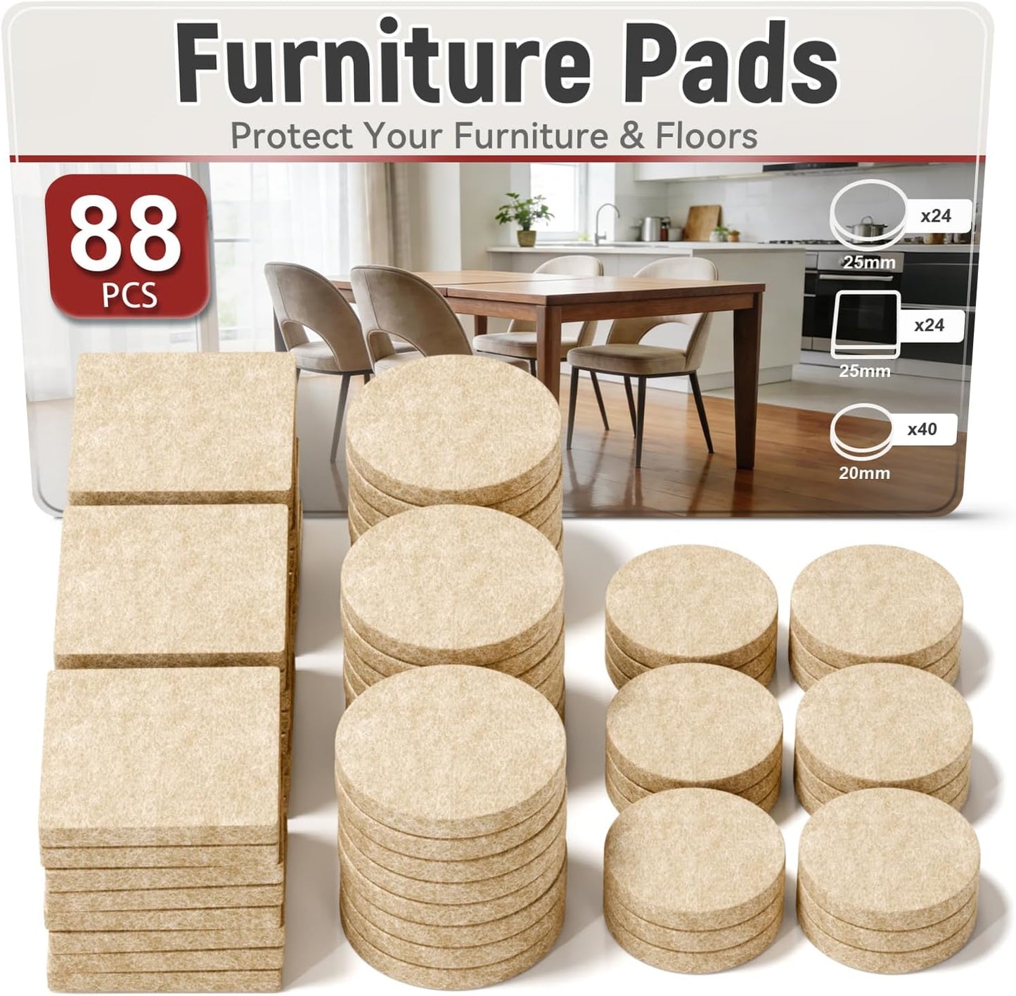 Pack 88 almohadillas fieltro para patas silla autoadhesivas