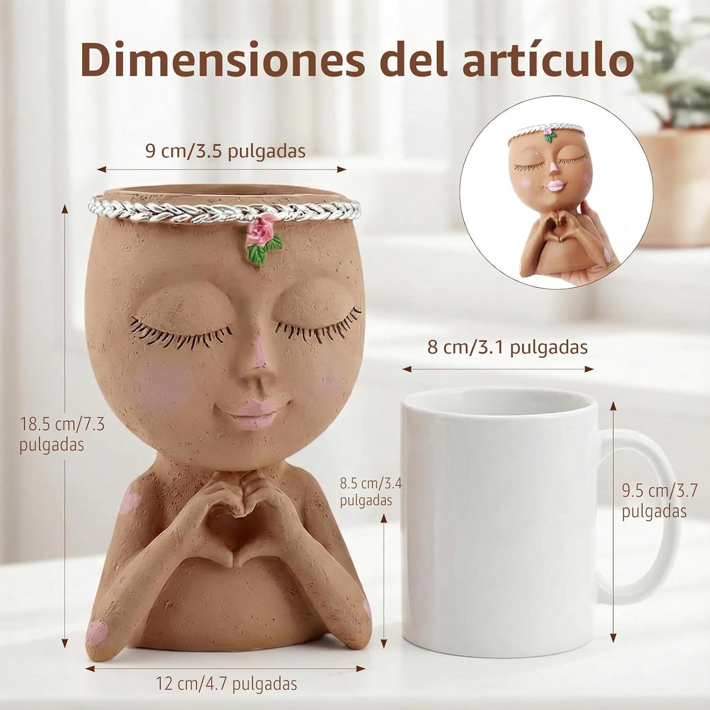 Maceta resina con manos de corazón para suculentas 7.3pulg marrón