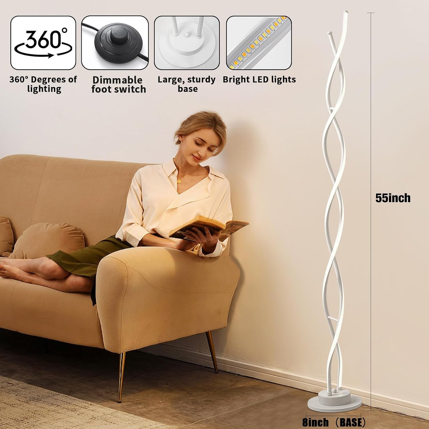 Lámpara pie LED moderna regulable 55pulg blanca sala dormitorio