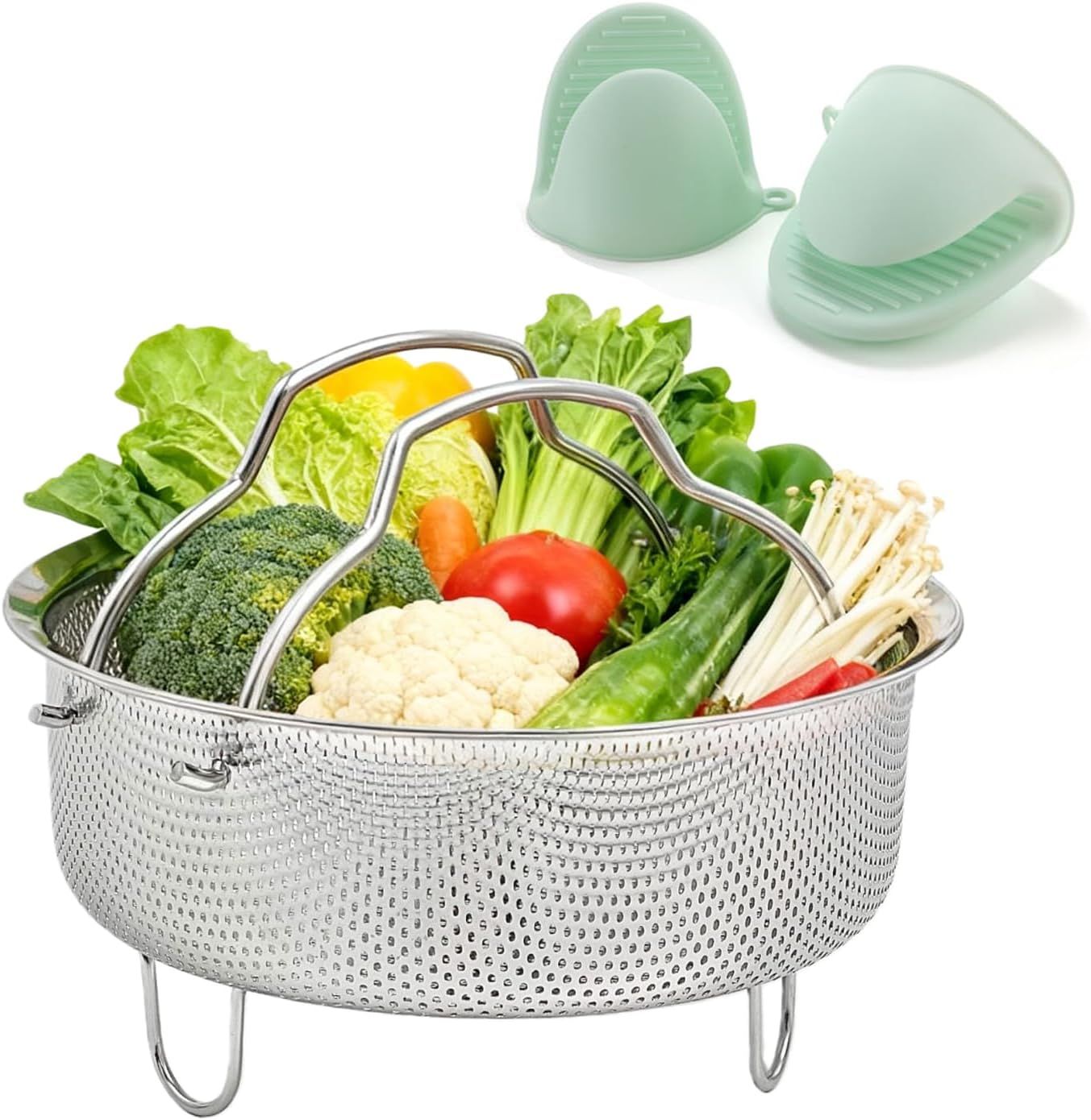 Cesta de vapor de acero inoxidable plateada para olla y soporte de huevo