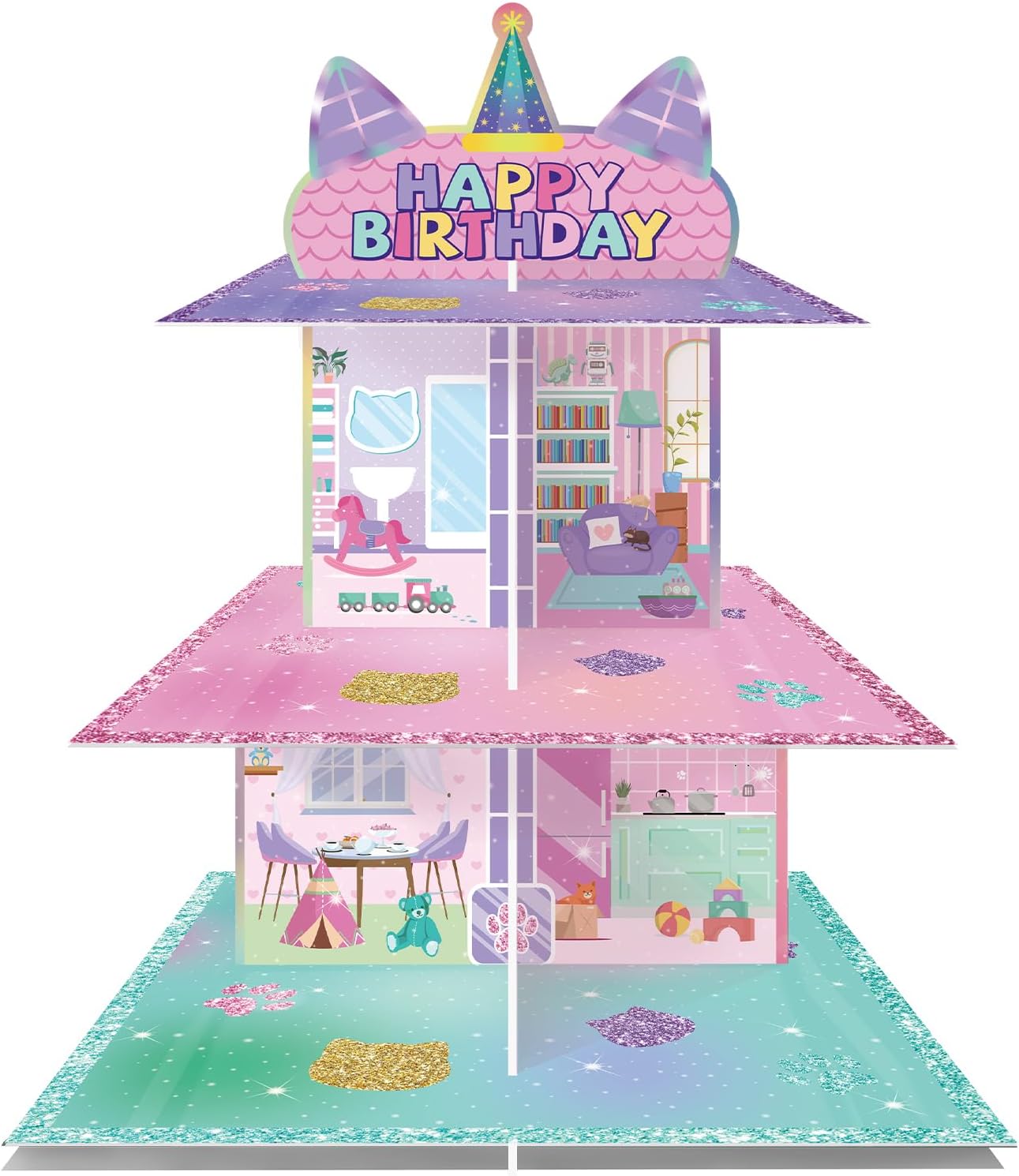 Casa de muñecas de gato de dibujos animados con soporte para cupcakes y postres