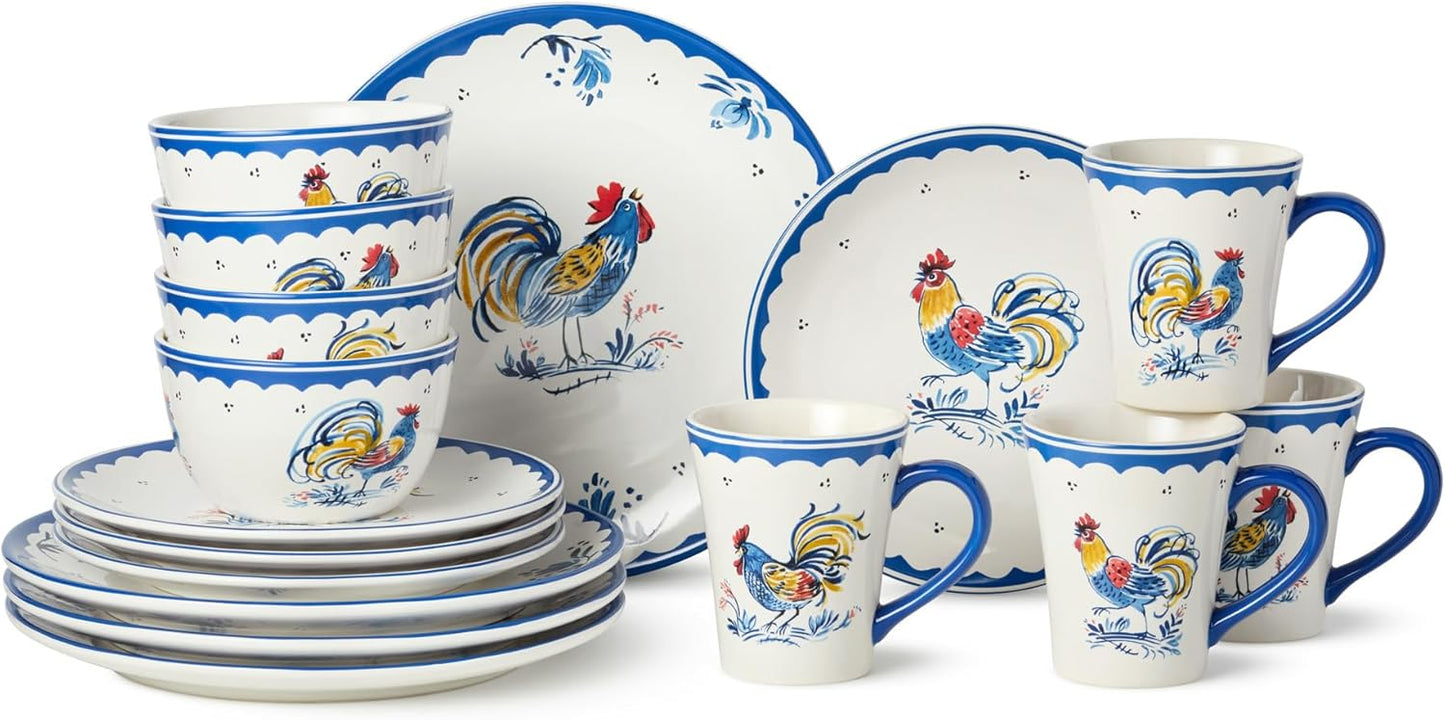 Juego de vajilla cerámica Gallo Francés 16 piezas servicio para cuatro platos llanos ensalada tazas cuencos helado motivos clásicos azul multicolor