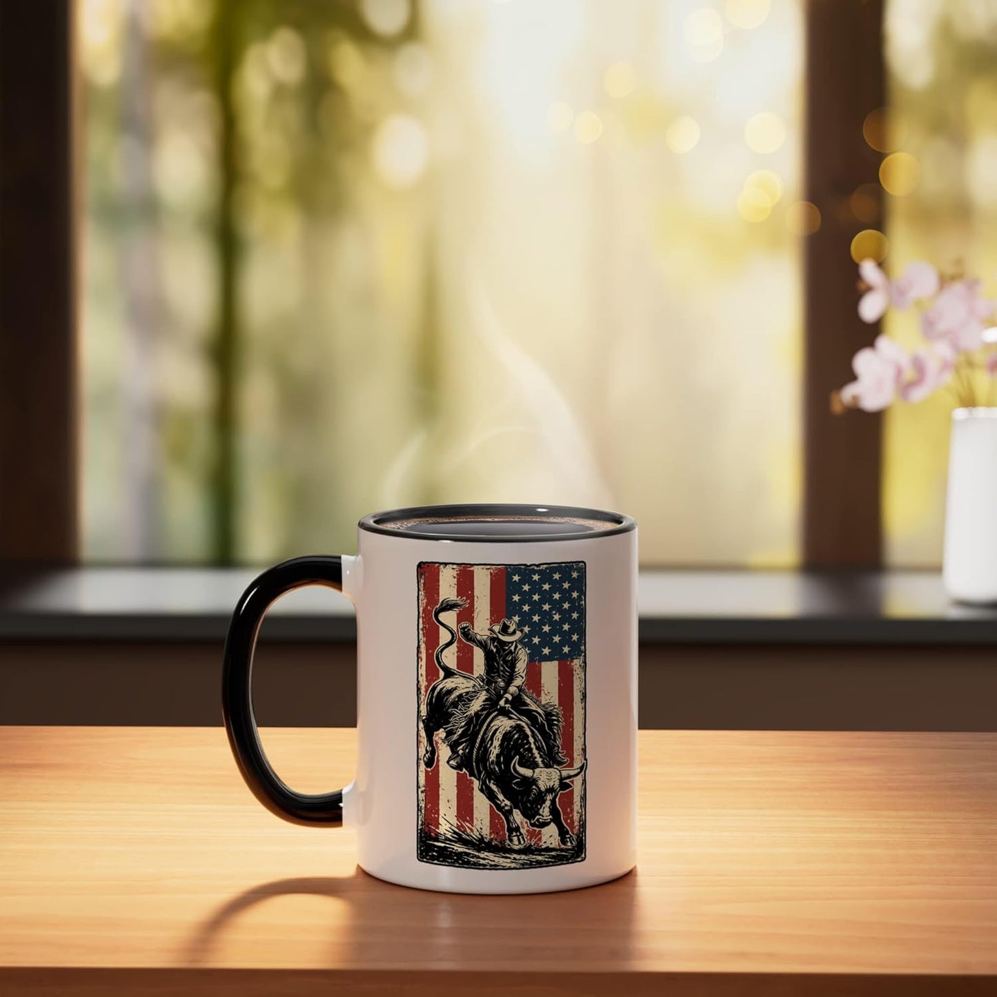 Taza Cerámica Vaquero Bandera Americana Negro Blanco