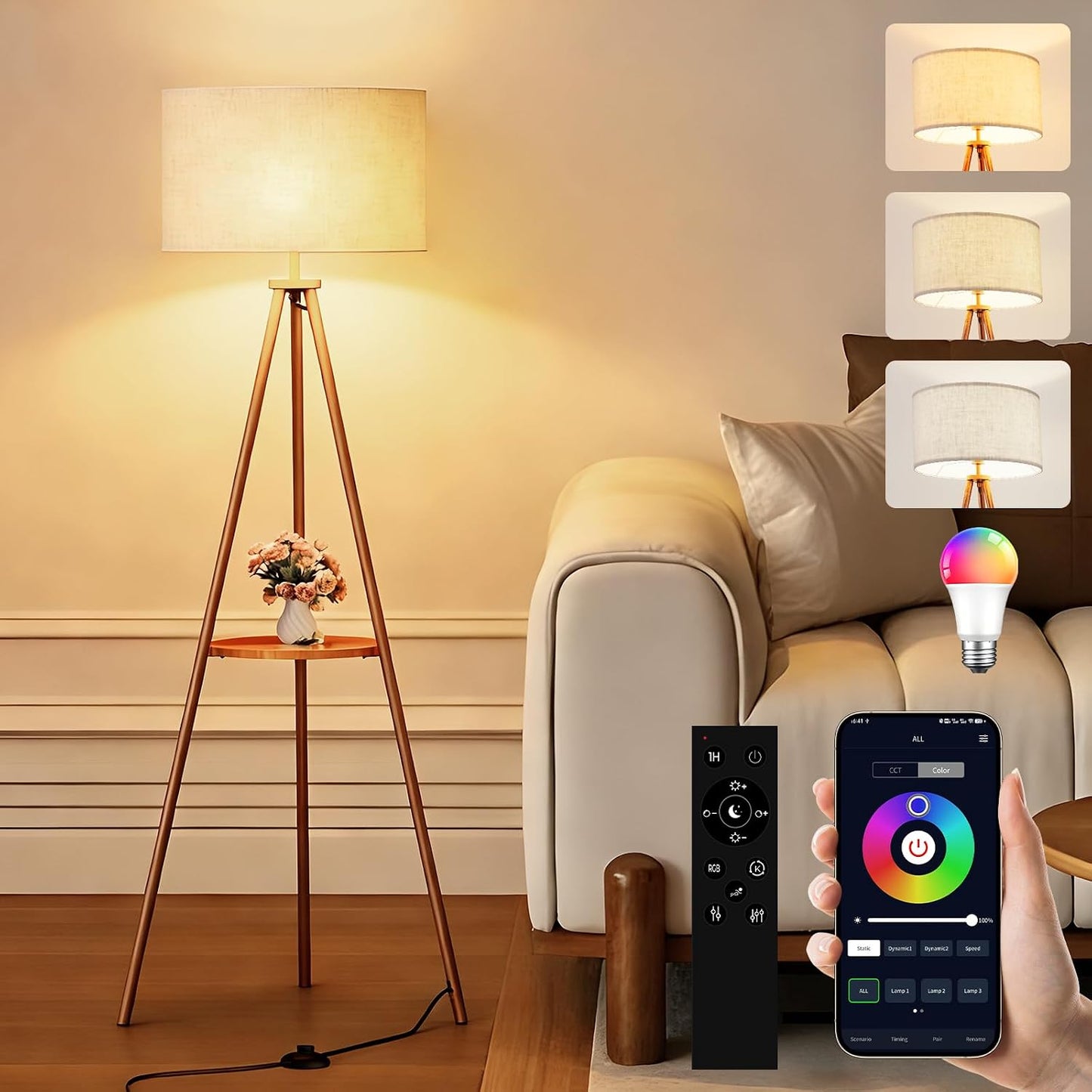 Lámpara trípode hierro 58pulg RGB control remoto
