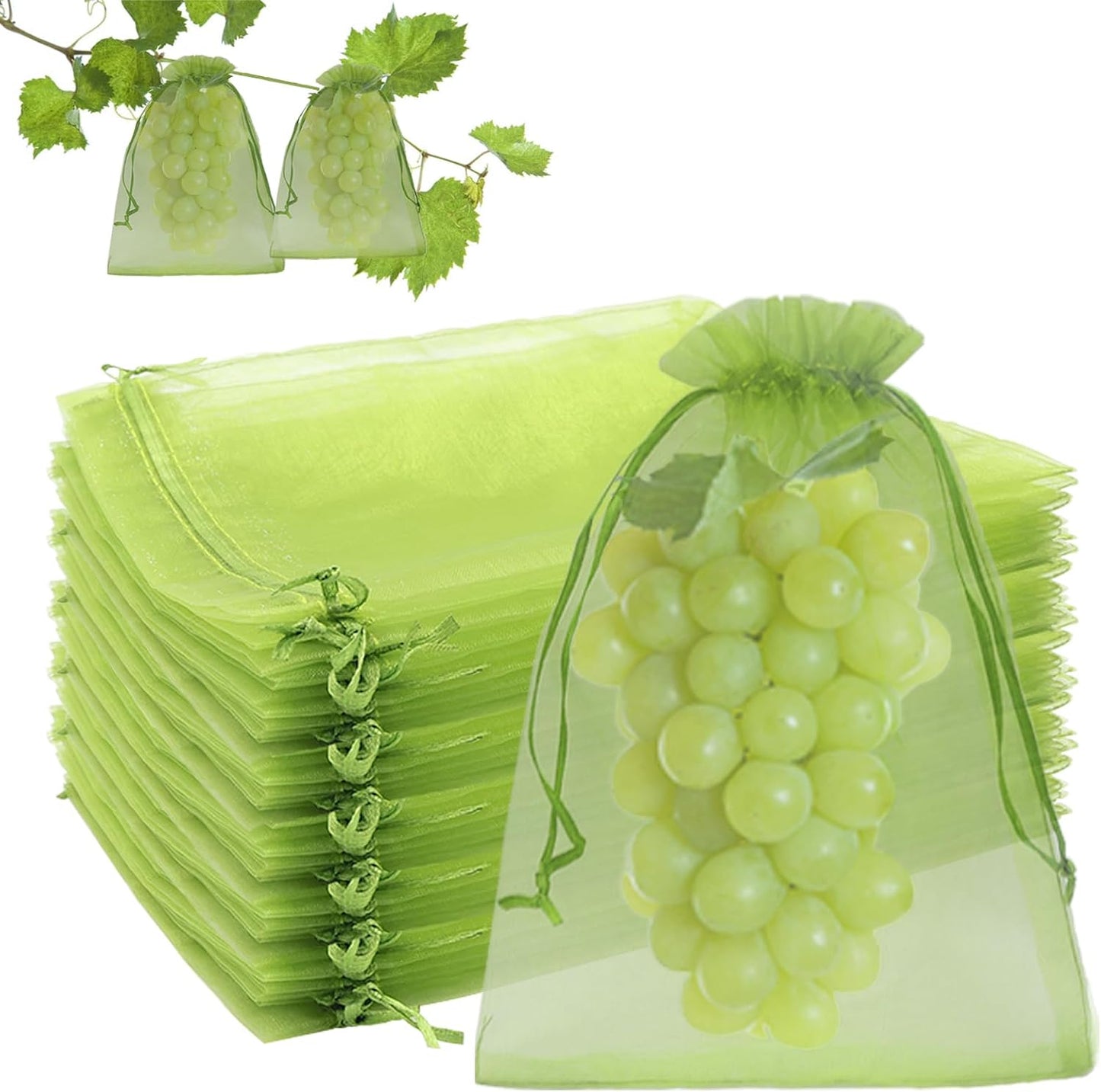 100 Bolsas Malla Verde 6.5x9pulg Con Cordón Cubierta Frutas