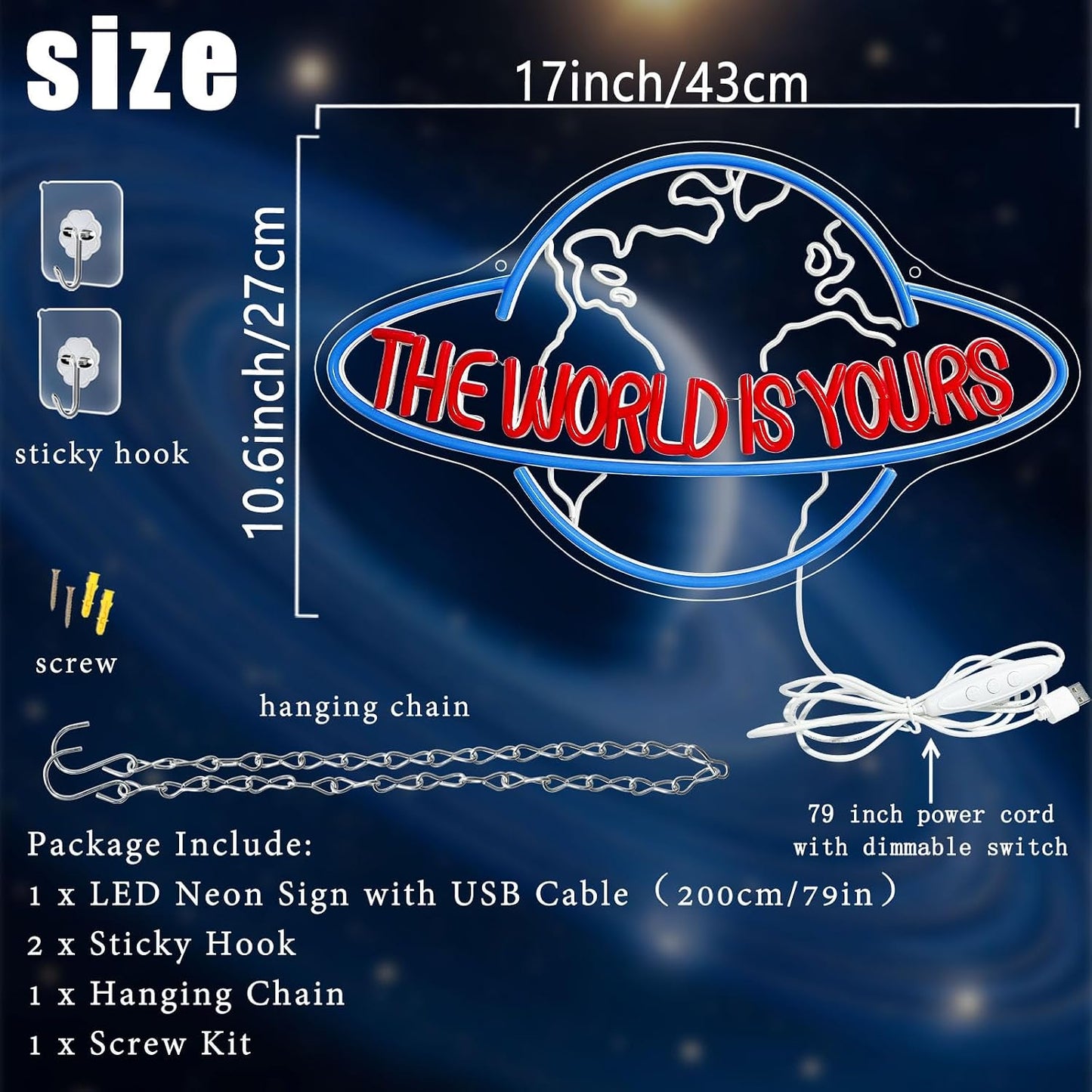 Letrero neón 'The World Is Yours' 17x10.6pulg LED azul USB