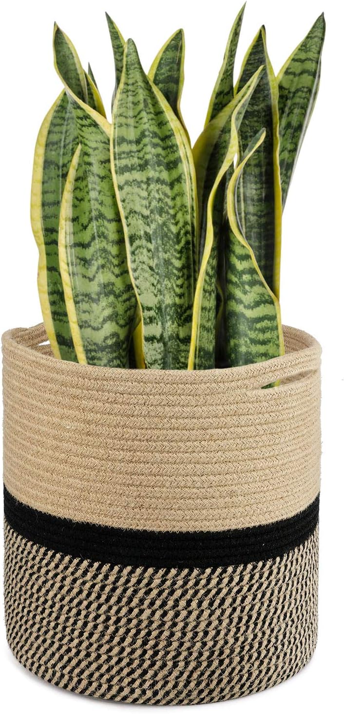 Cesta yute organizadora hogar 11" rayas negras beige