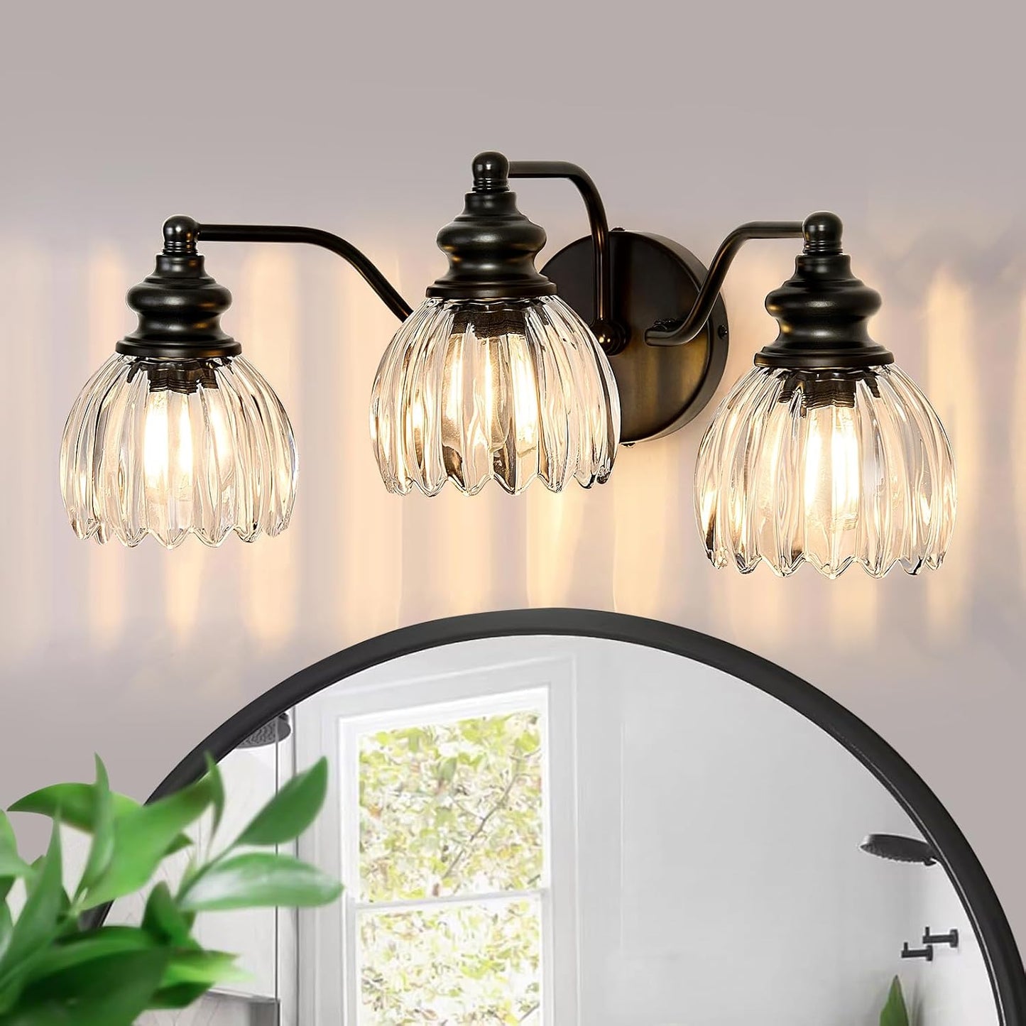 Lámpara baño 3 luces negro pantalla cristal E26