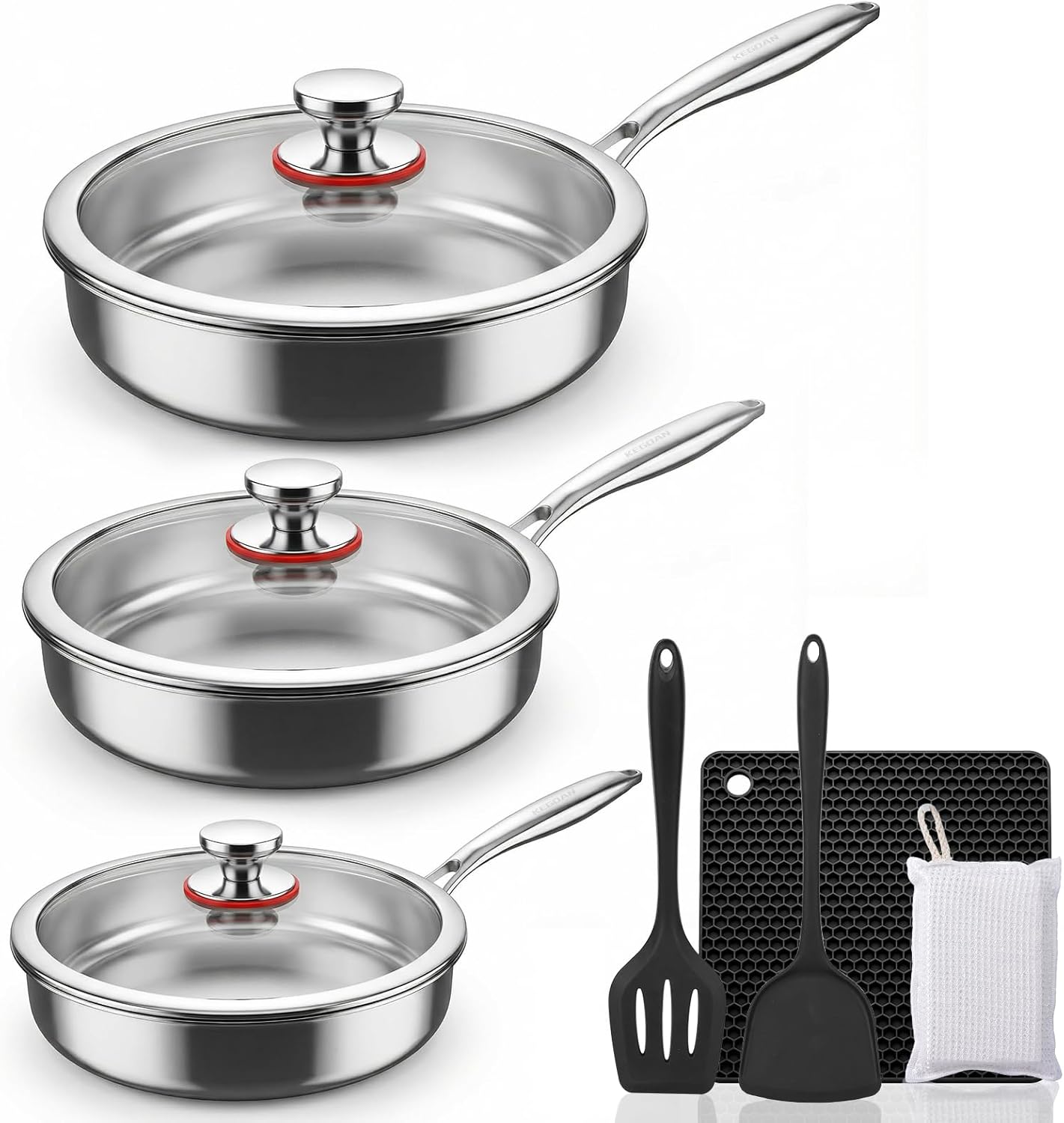 Set Sartenes Acero Inox 3 Capas Con Tapas y Utensilios
