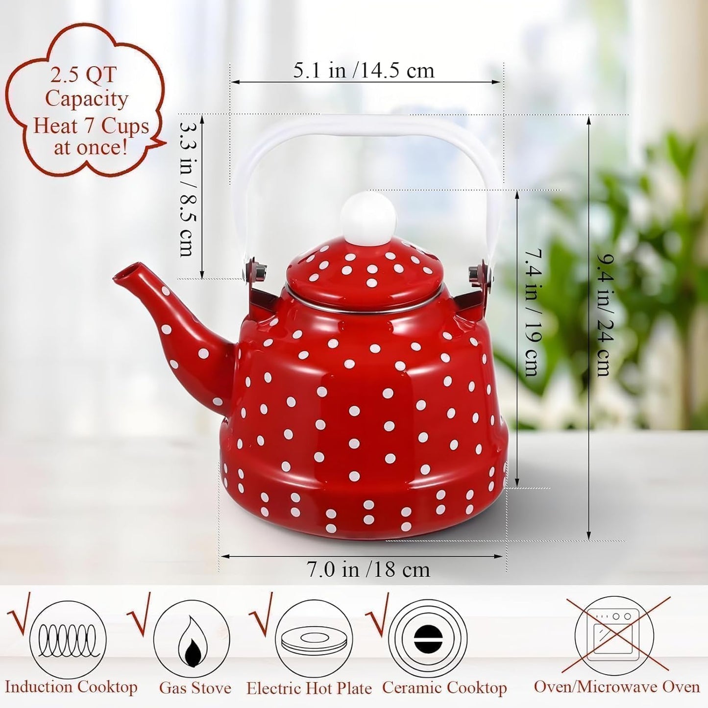 Estufa de té vintage esmaltada 2.5 cuartos de galón con manchas rojas y blancas