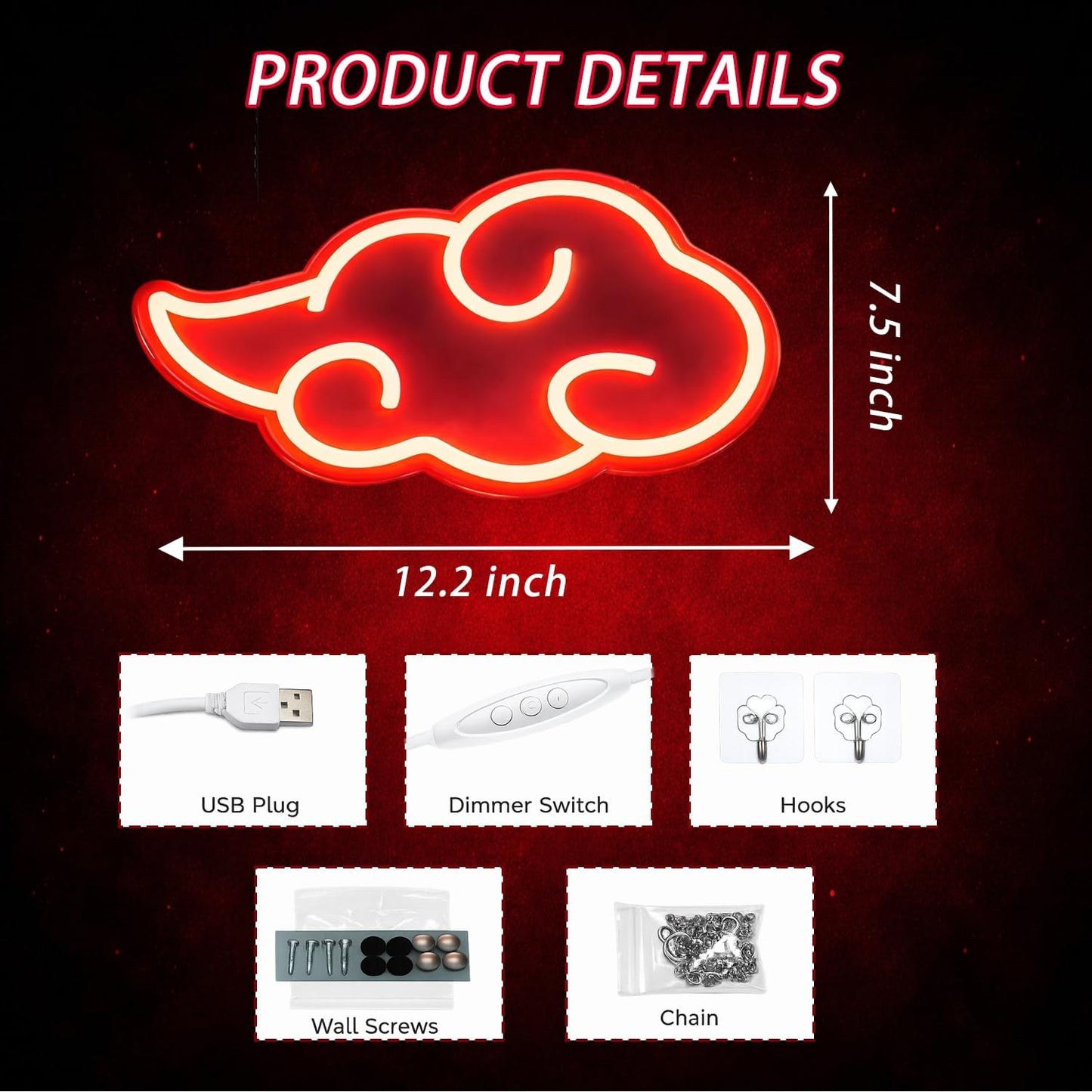 Luz neón nube roja LED decorativa para dormitorio y juegos