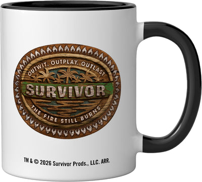 Taza de cerámica Survivor The Fire Still Burns color negro y blanco