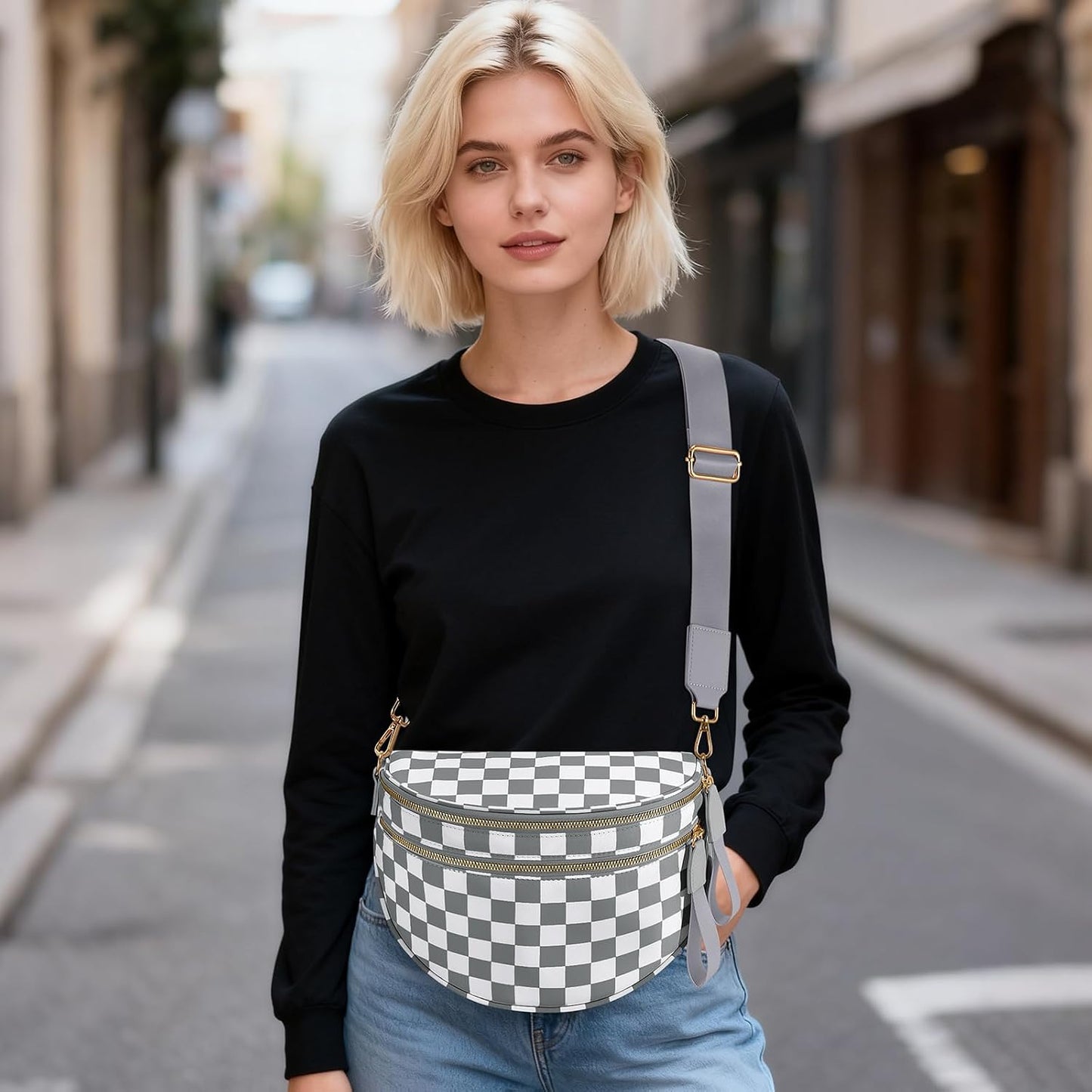 Bolso cruzado a cuadros espacioso mujer gris claro de moda