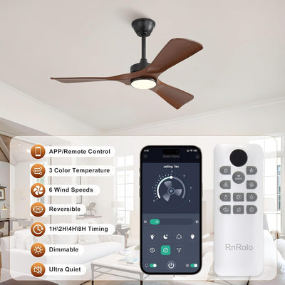 Ventilador techo 42pulg luz control APP 3 tonos 6 vel