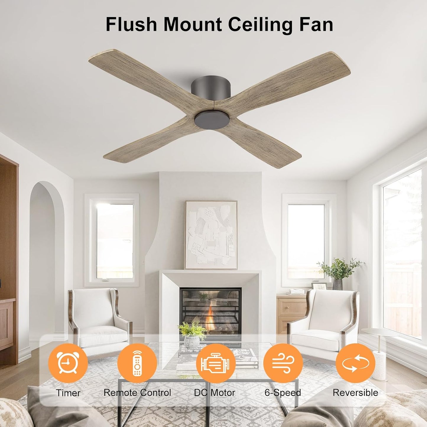 Ventilador techo 48pulg perfil bajo 6 vel 4 aspas madera