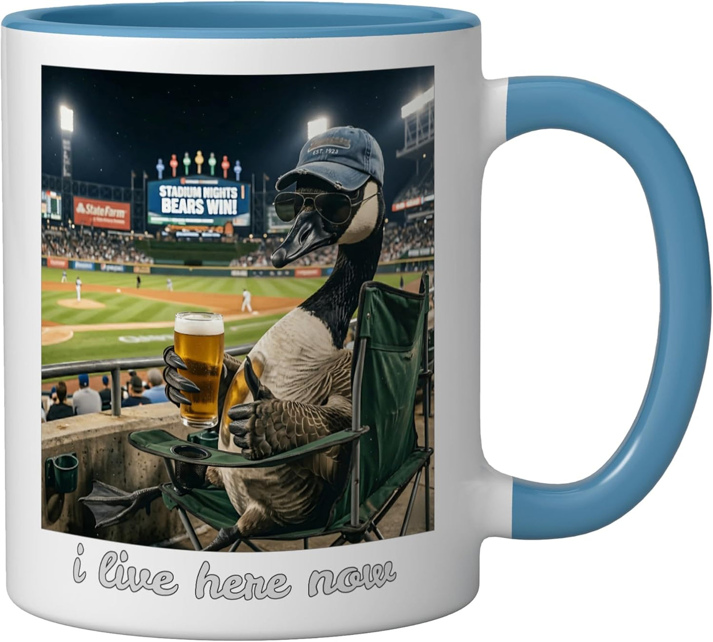 Taza cerámica de béisbol I Live Here Now azul/blanco