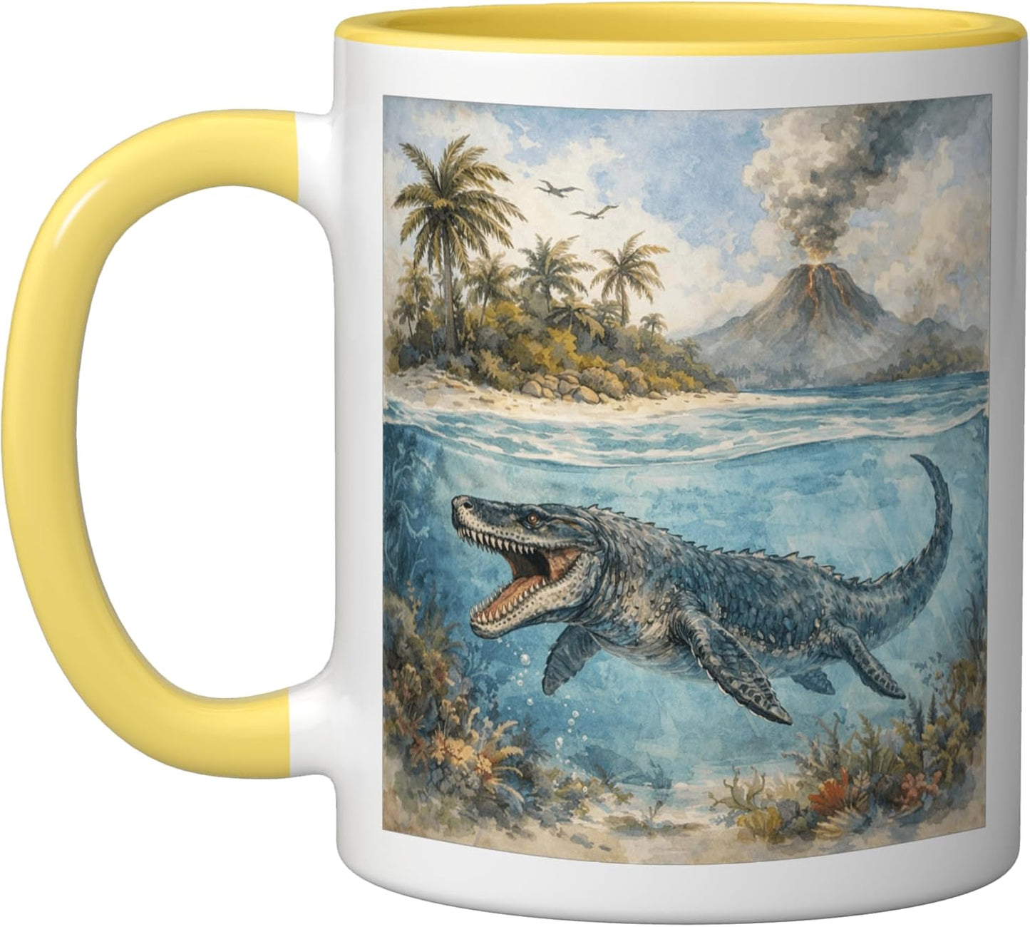 Taza Cerámica Dinosaurio Mosasaurus Amarillo Blanco