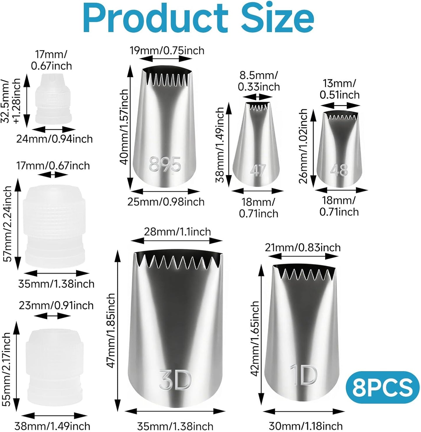 Set 8 puntas tuberías acero inox 304 para decorar pasteles