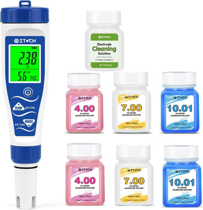 Medidor de pH cloro salinidad EC TDS ORP temperatura con soluciones de calibración y limpieza