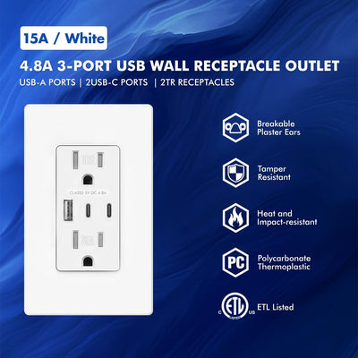 Receptáculo USB C 24W 3 puertos pared 15A ETL FCC
