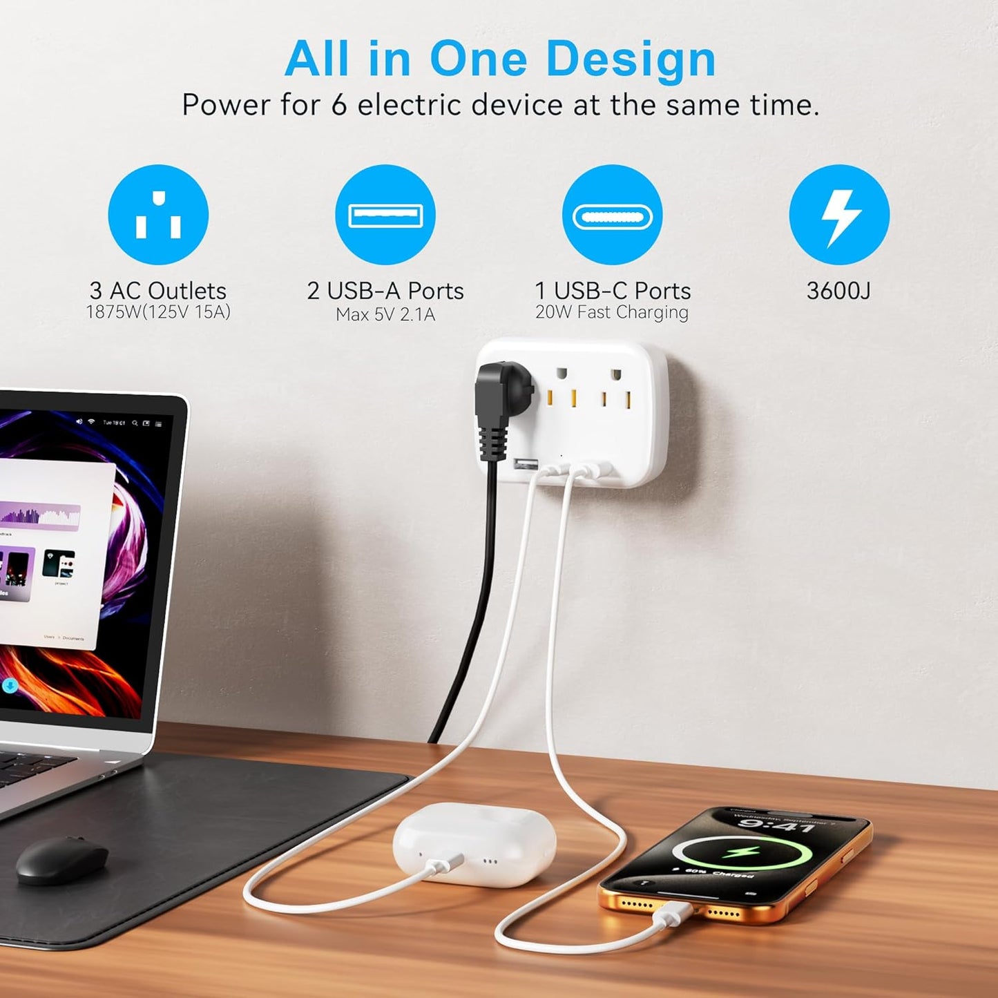 Paquete 2 Extensores Corriente con 3 Tomas y 3 Puertos USB