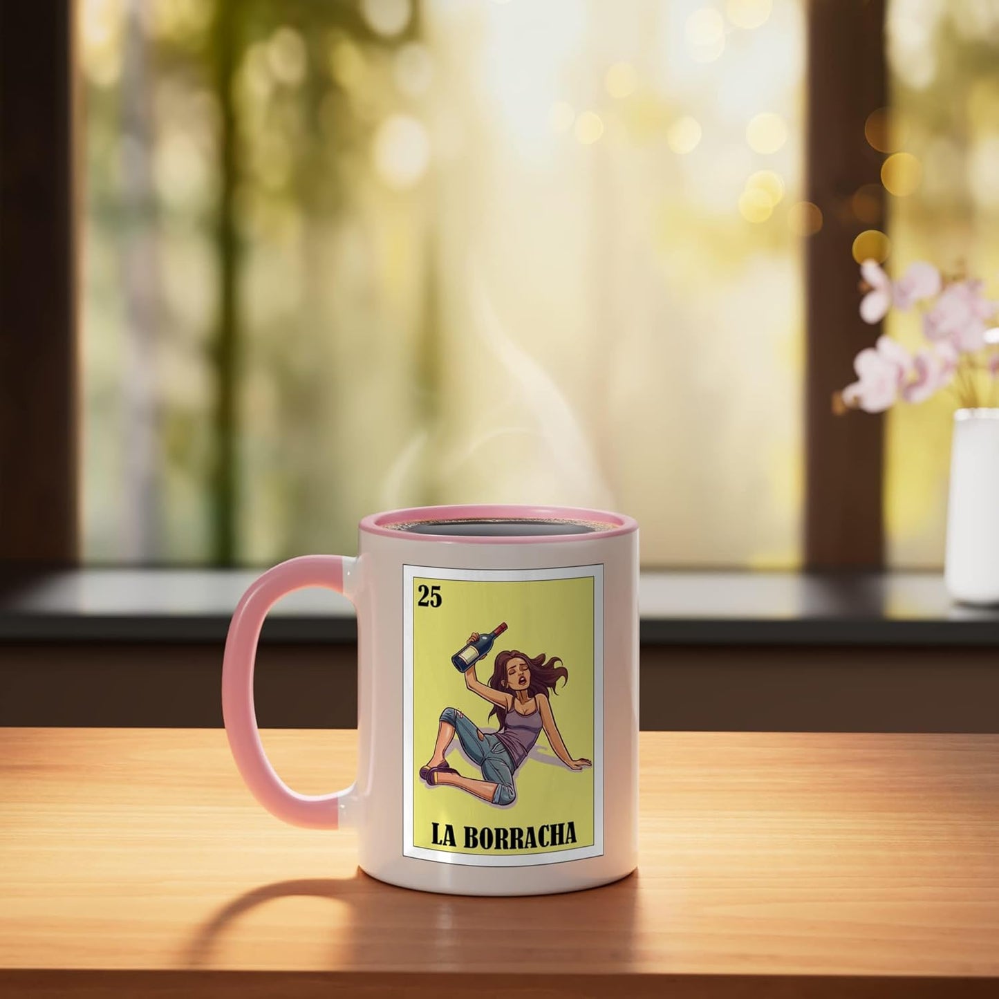 Taza de cerámica La Borracha con diseño mexicano rosa/blanco