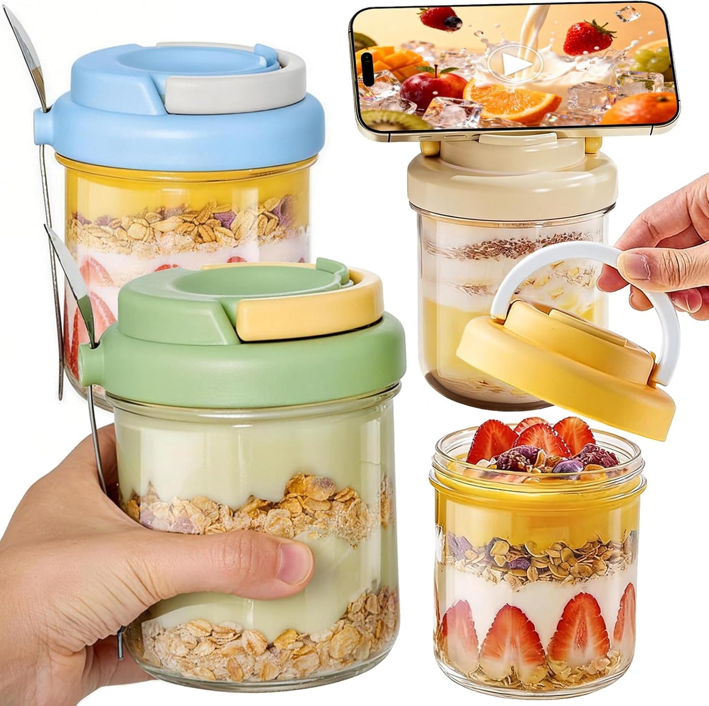 Tarros de avena con tapas y cucharas, paquete de 4 de 16 oz sin BPA