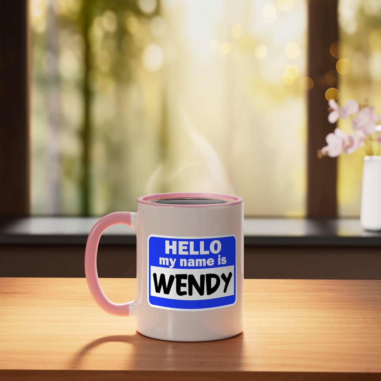 Taza de cerámica con nombre Wendy en nametag rosa y blanco